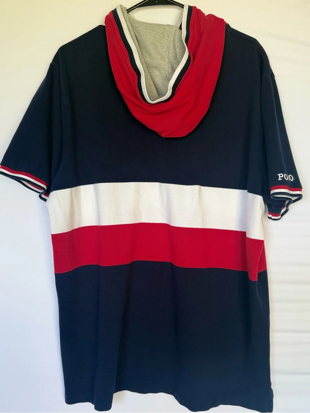 Polo Ralph Lauren Navy, White & Red Colorblock  Hooded Cotton Shirt XXL